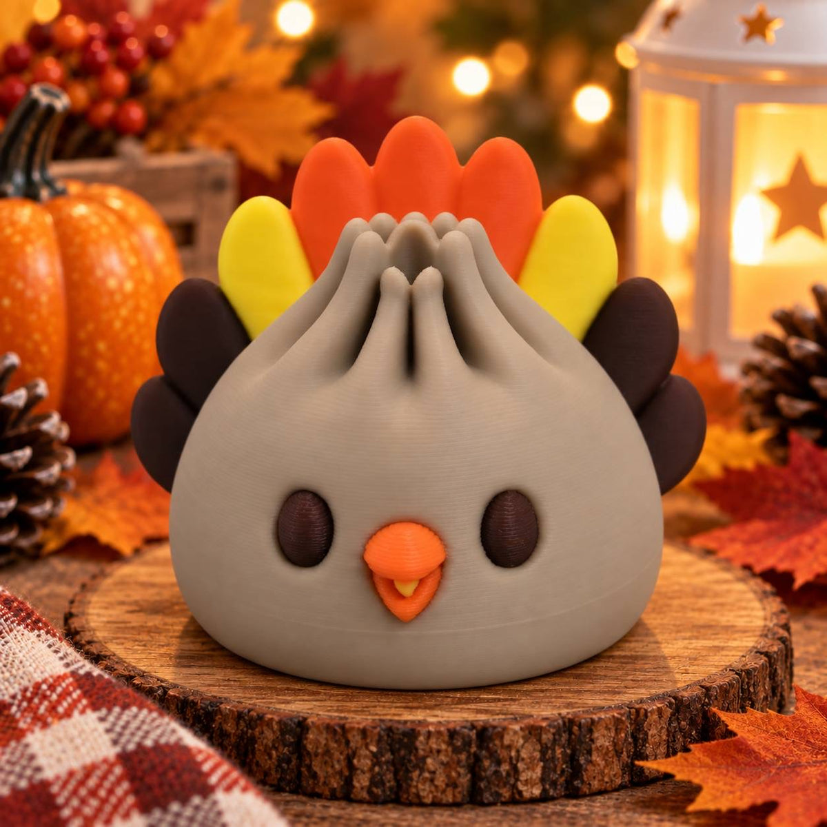 Turkey Dumpling 3D printed bead with colorful tail feathers for Thanksgiving and fall crafts