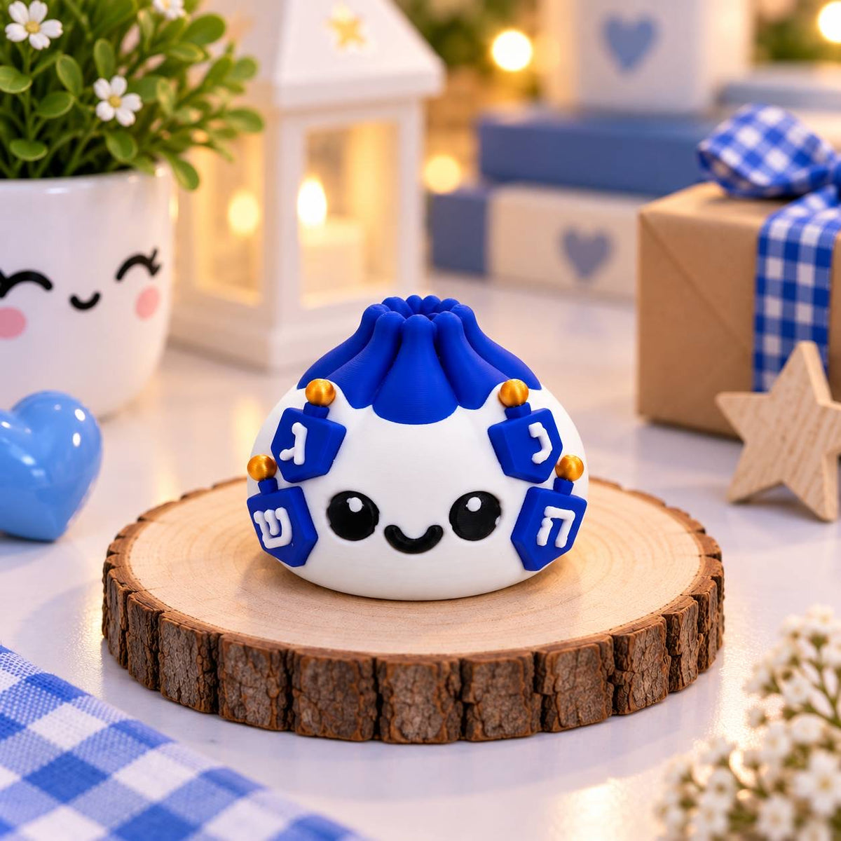 Blue and white Hanukkah Dumpling 3D printed bead decorated with dreidels