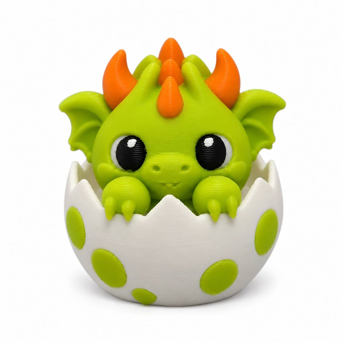 Little Sprout green baby dragon hatching from spotted egg 3D printed bead with orange spikes