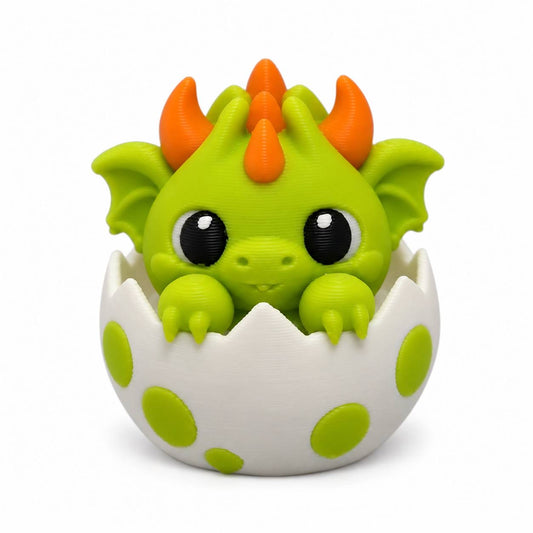 Little Sprout green baby dragon hatching from spotted egg 3D printed bead with orange spikes