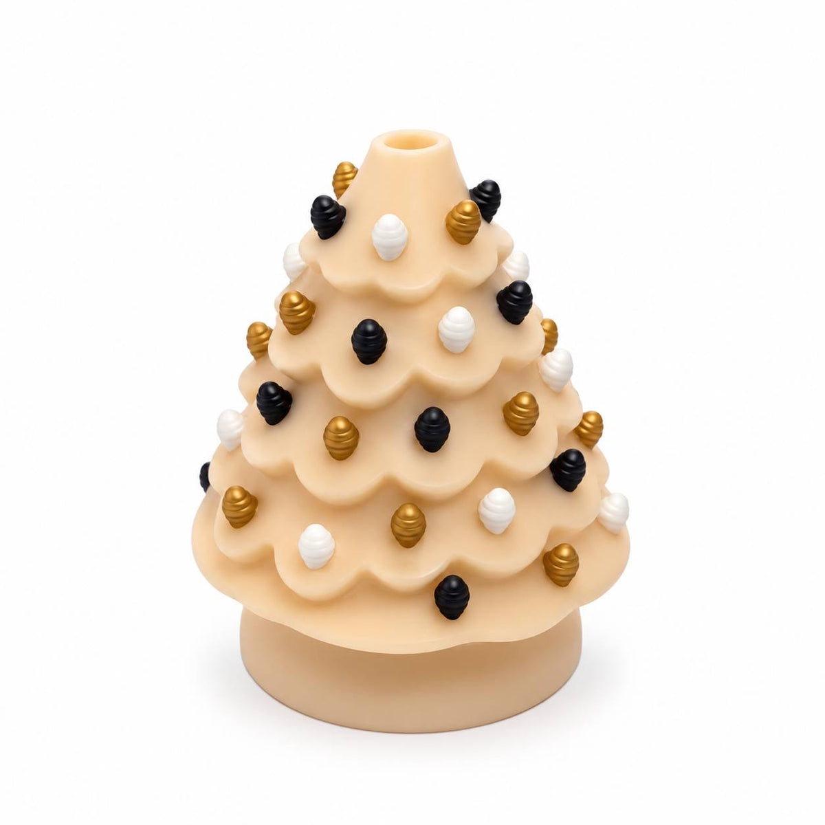 Golden Glow Christmas Tree 3D printed bead featuring a champagne-colored tree decorated with black, gold and white ornaments.
