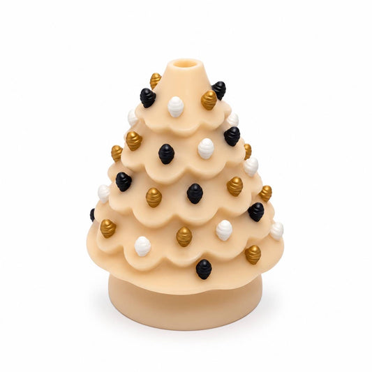 Golden Glow Christmas Tree 3D printed bead featuring a champagne-colored tree decorated with black, gold and white ornaments.