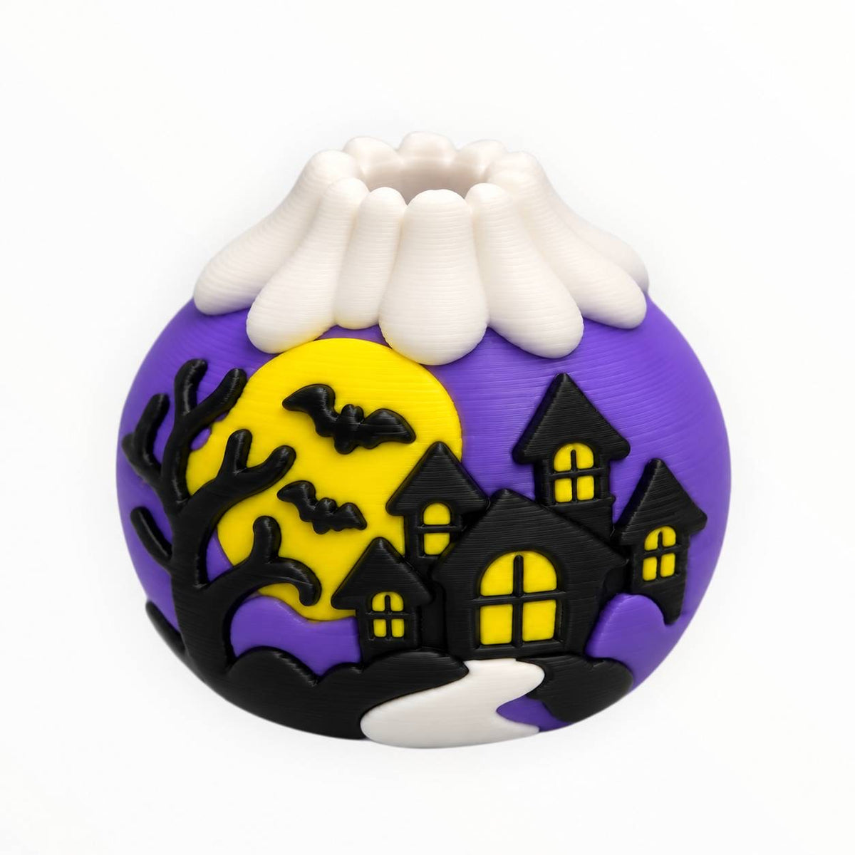 Midnight Manor purple Halloween 3D printed bead featuring a black haunted mansion, glowing yellow windows, full moon, flying bats and spooky tree.