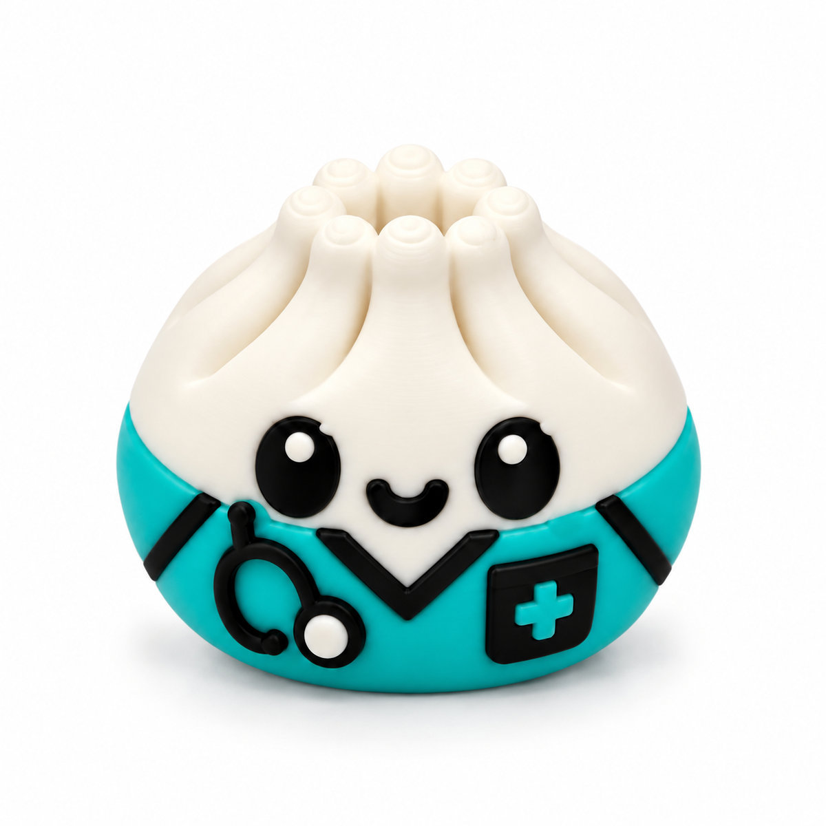 Healing Hands medical dumpling 3D printed bead wearing teal scrubs with black stethoscope, medical cross pocket, big black eyes and smiling face.