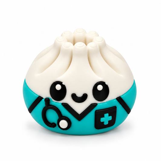 Healing Hands medical dumpling 3D printed bead wearing teal scrubs with black stethoscope, medical cross pocket, big black eyes and smiling face.