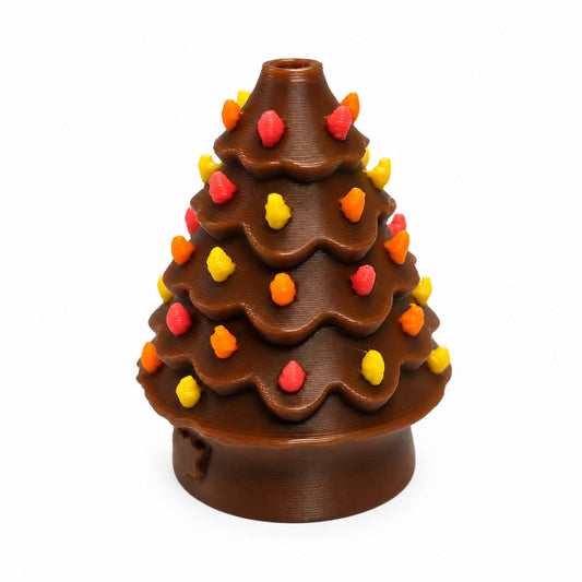 Autumn Harvest Tree 3D printed bead featuring a chocolate-brown tree with layered branches, red, orange, and yellow decorations, and a matching brown rounded base.