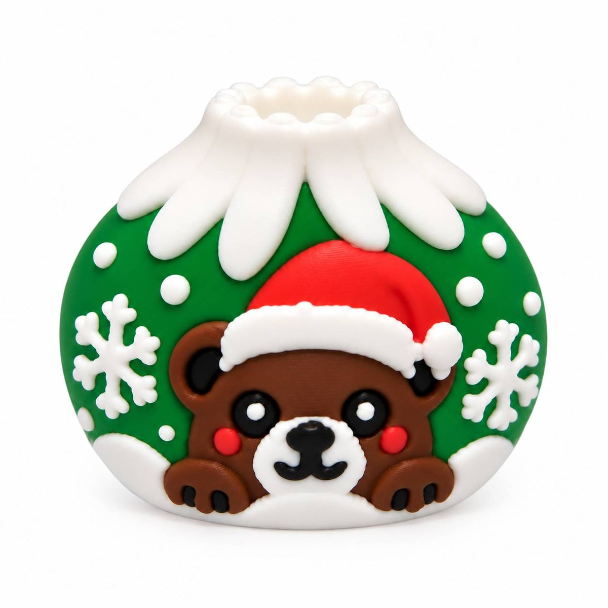 Santa's Little Bear 3D printed Christmas bead featuring a brown teddy bear wearing a red Santa hat, surrounded by a green ornament-style design with white snowflakes, polka dots, and snowy accents.