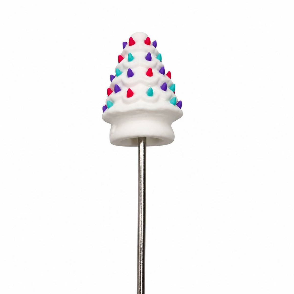 Candyland Christmas Tree 3D printed pen topper and bead featuring a white layered Christmas tree decorated with pink, purple, and teal lights, shown fitted over a standard beadable pen cap.