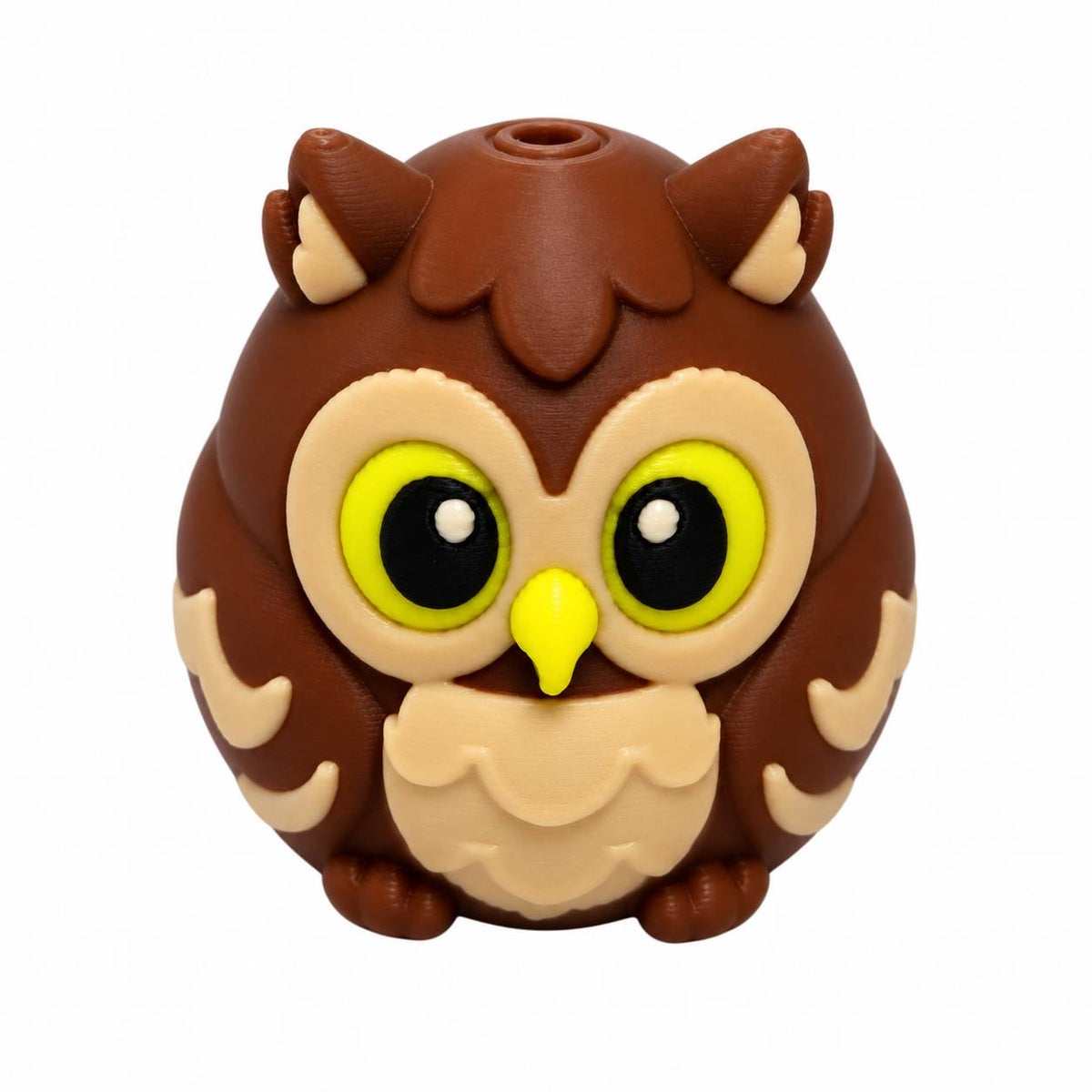 Hootie Cutie Owl 3D printed bead featuring a round brown owl with oversized yellow and black eyes, cream-colored wings and belly, a yellow beak, and a hole on top.