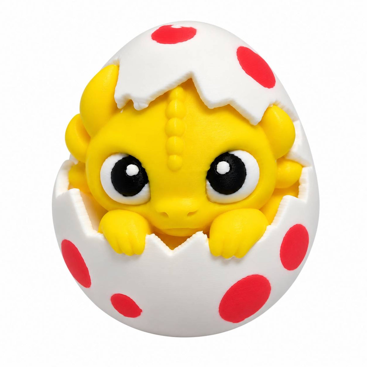 Little Hatchling Dino 3D printed bead featuring a cute yellow baby dinosaur with big black and white eyes peeking out of a cracked white egg decorated with bright red spots.