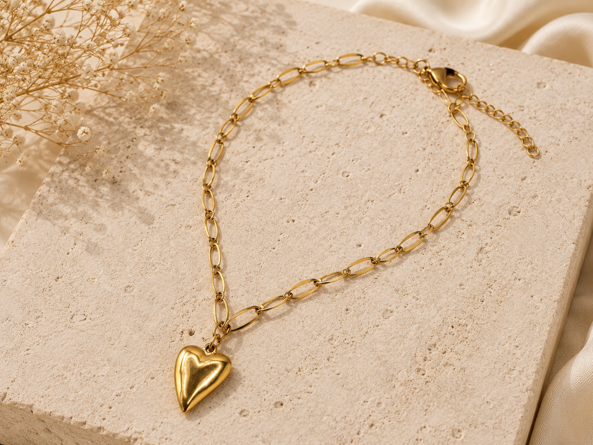 Gold Link Chain Bracelet with Puffy Heart Charm