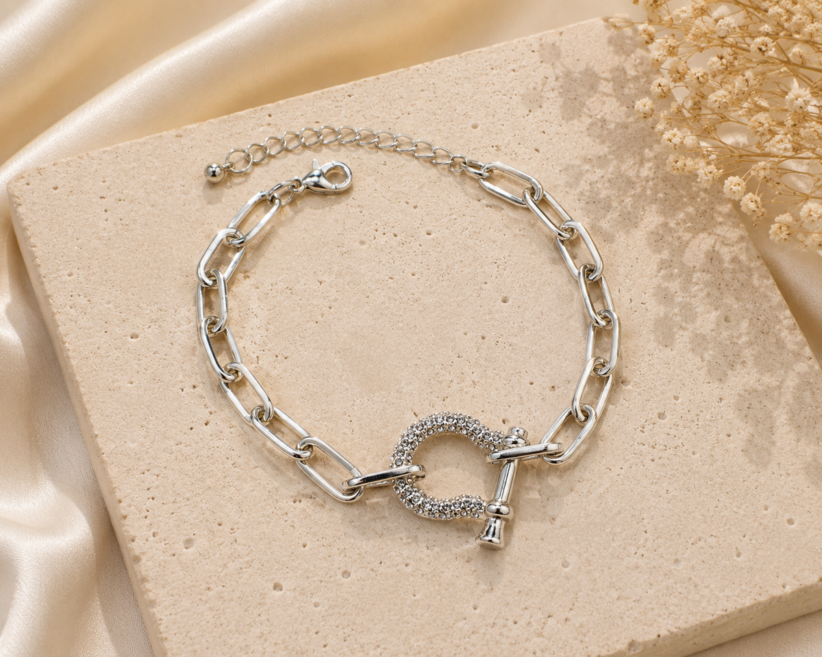 Silver Paperclip Chain Bracelet with Crystal Toggle Clasp