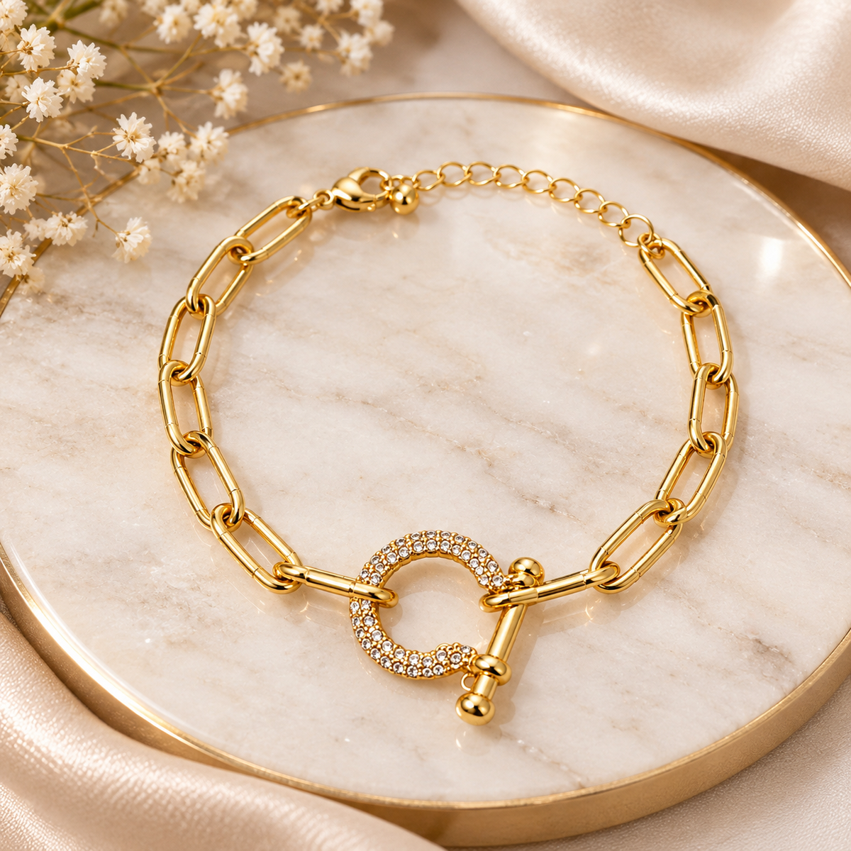 Gold Paperclip Chain Bracelet with Crystal Toggle Clasp