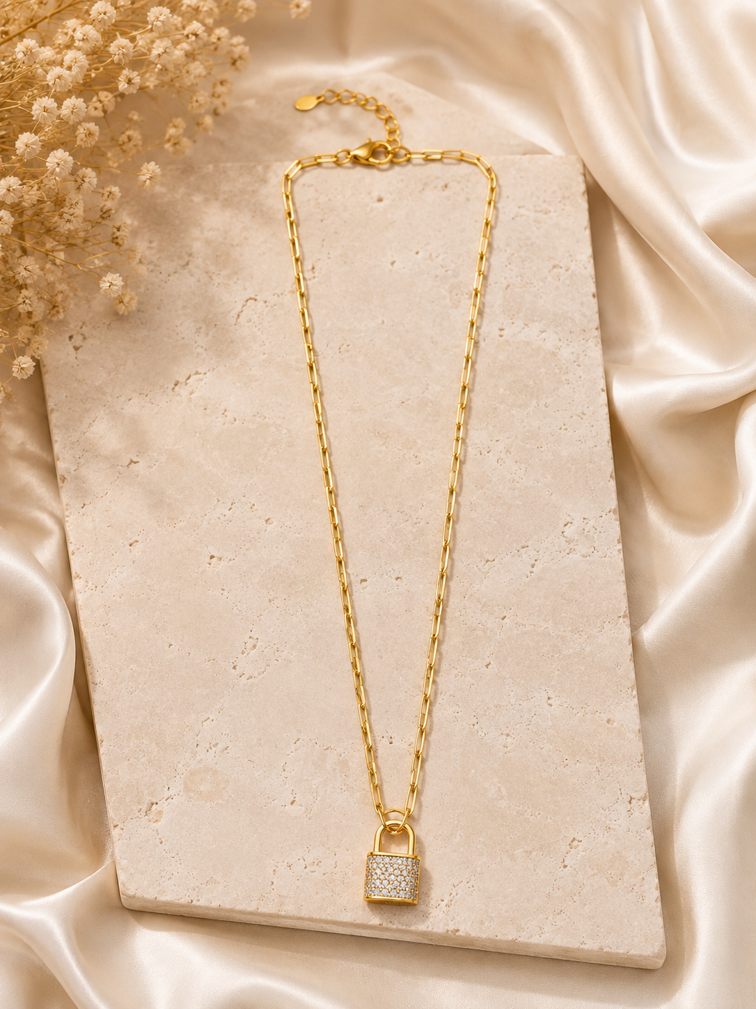Gold Sparkle Lock Pendant Necklace