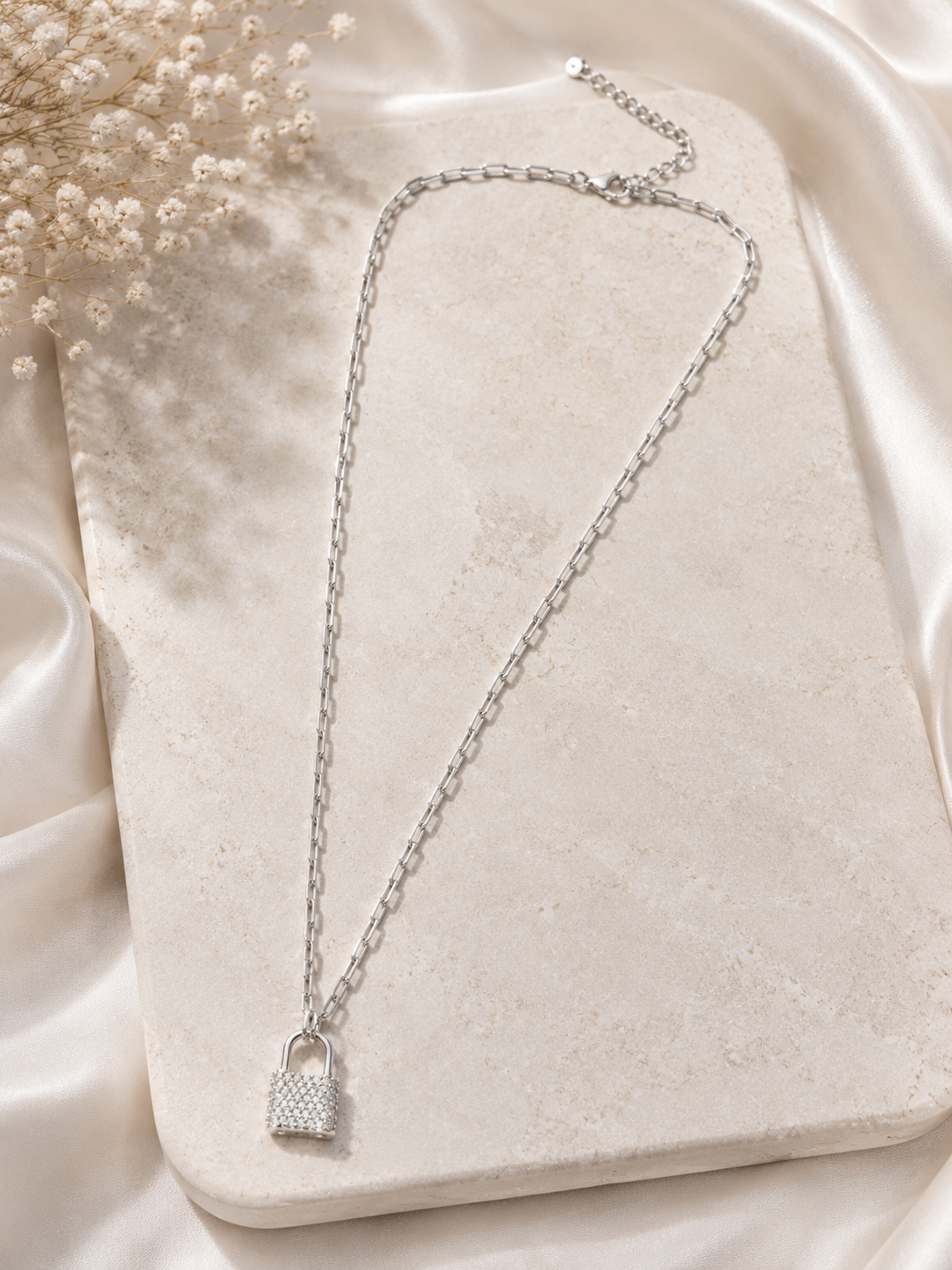 Silver Sparkle Lock Pendant Necklace