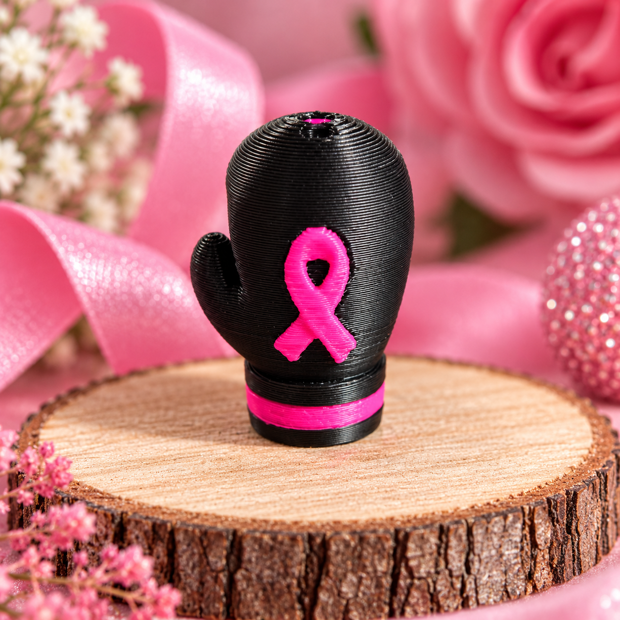 Courage in Pink black boxing glove 3D printed bead with bright pink awareness ribbon