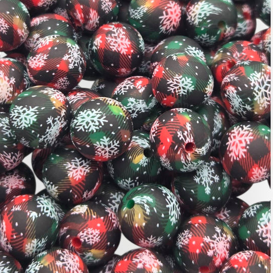 Deck the Halls Plaid 15mm Printed Silicone Beads