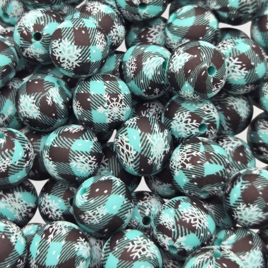 Icy Plaid Snowflake 15mm Printed Silicone Beads